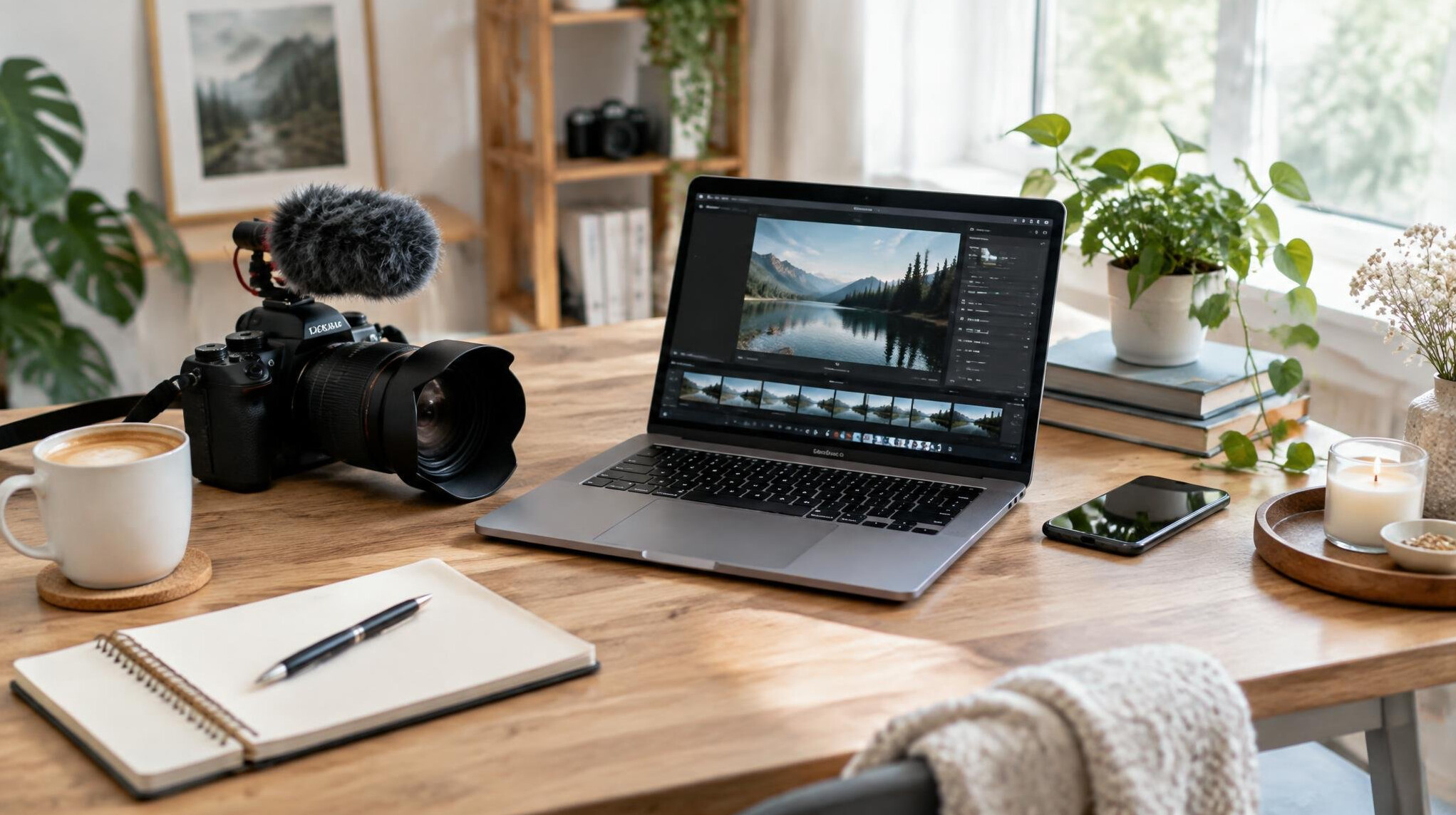 Content creator working at a desk with camera and laptop