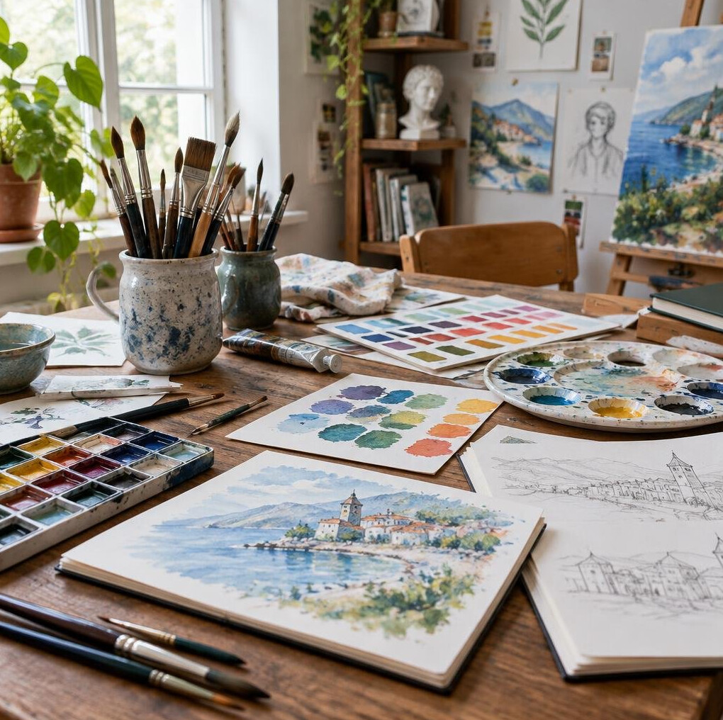 Creative studio desk with art supplies and paintbrushes