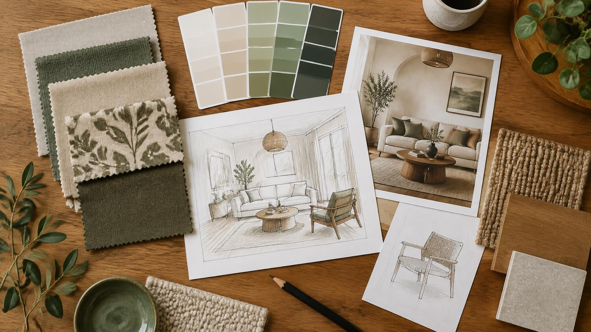 Interior design mood board with fabric swatches and color samples