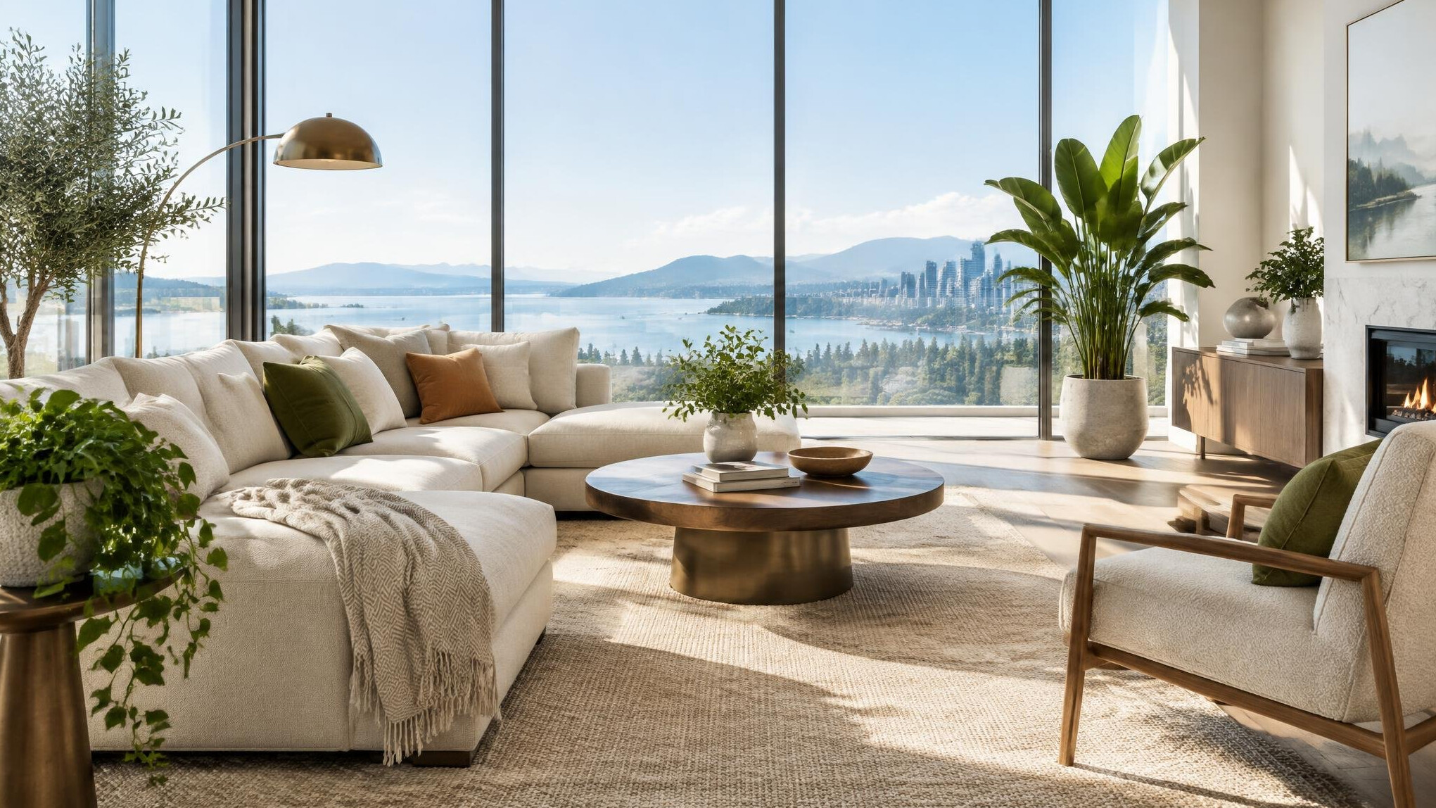Bright elegant living room with large windows and plants