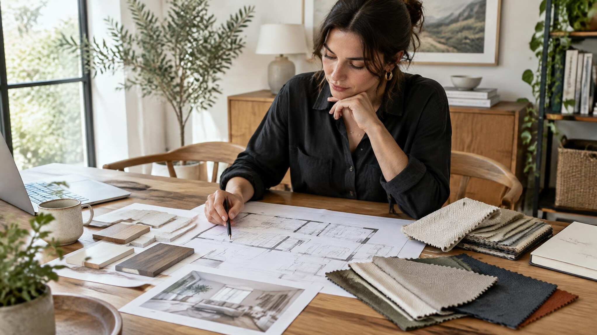 Interior designer reviewing plans at a wooden table