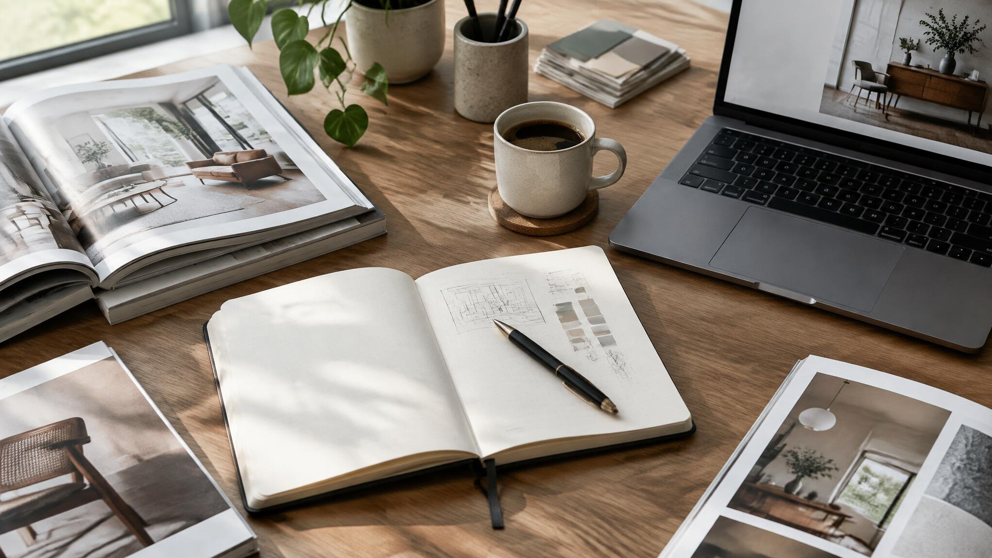 Desk with notebook, magazines and coffee cup
