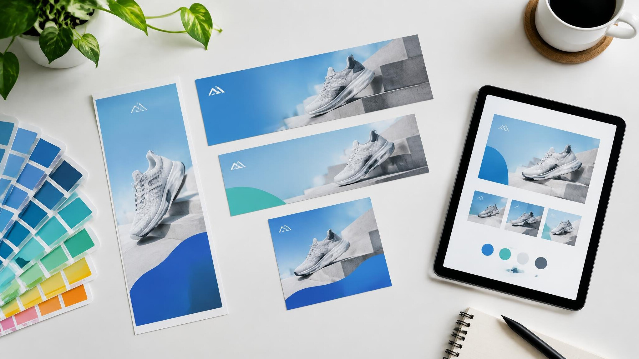 Flat-lay of advertising banner design mockups on a desk