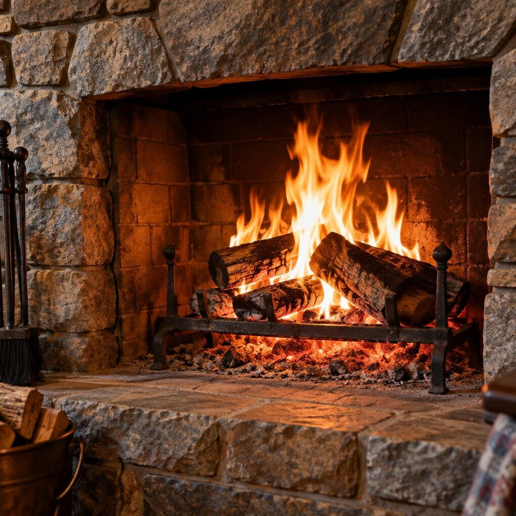 Close-up of a stone fireplace with burning logs