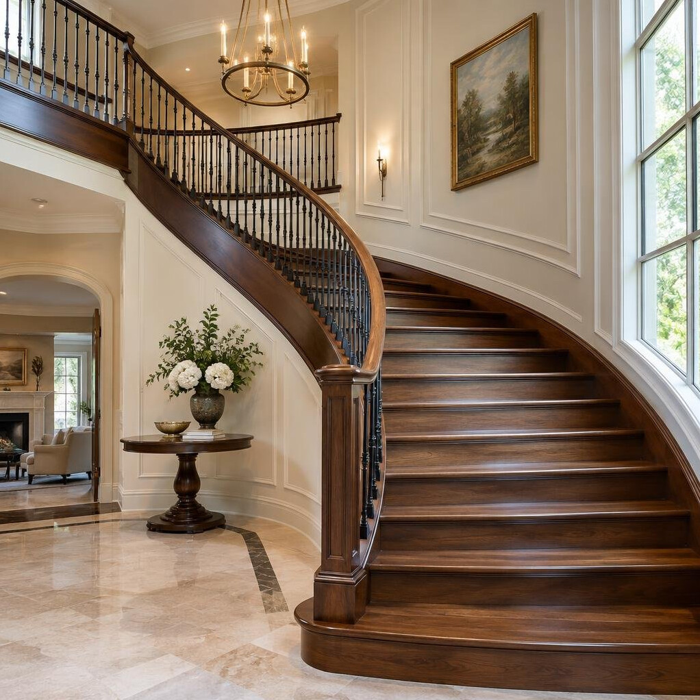 Elegant wooden staircase with architectural detail