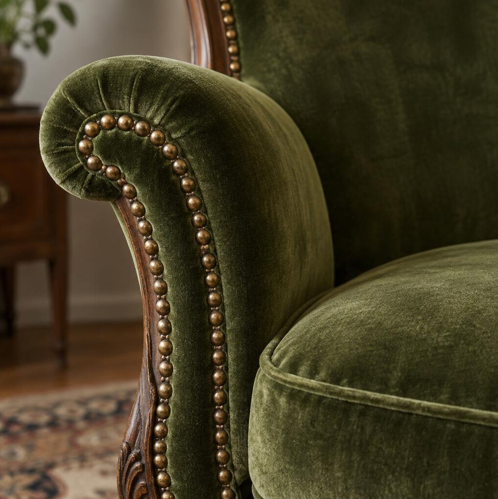 Close-up of a vintage upholstered armchair