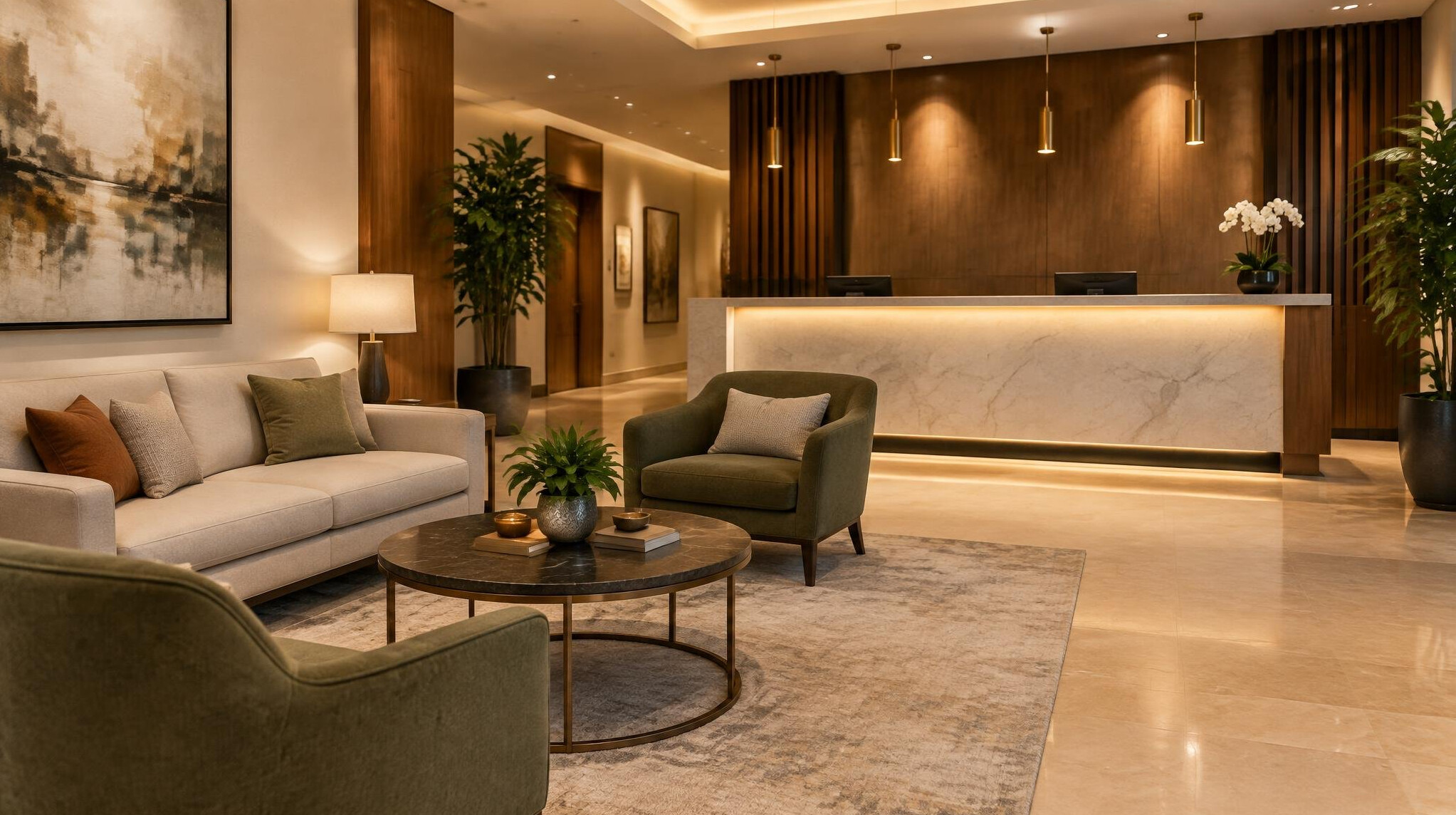 Elegant reception area with warm lighting and seating